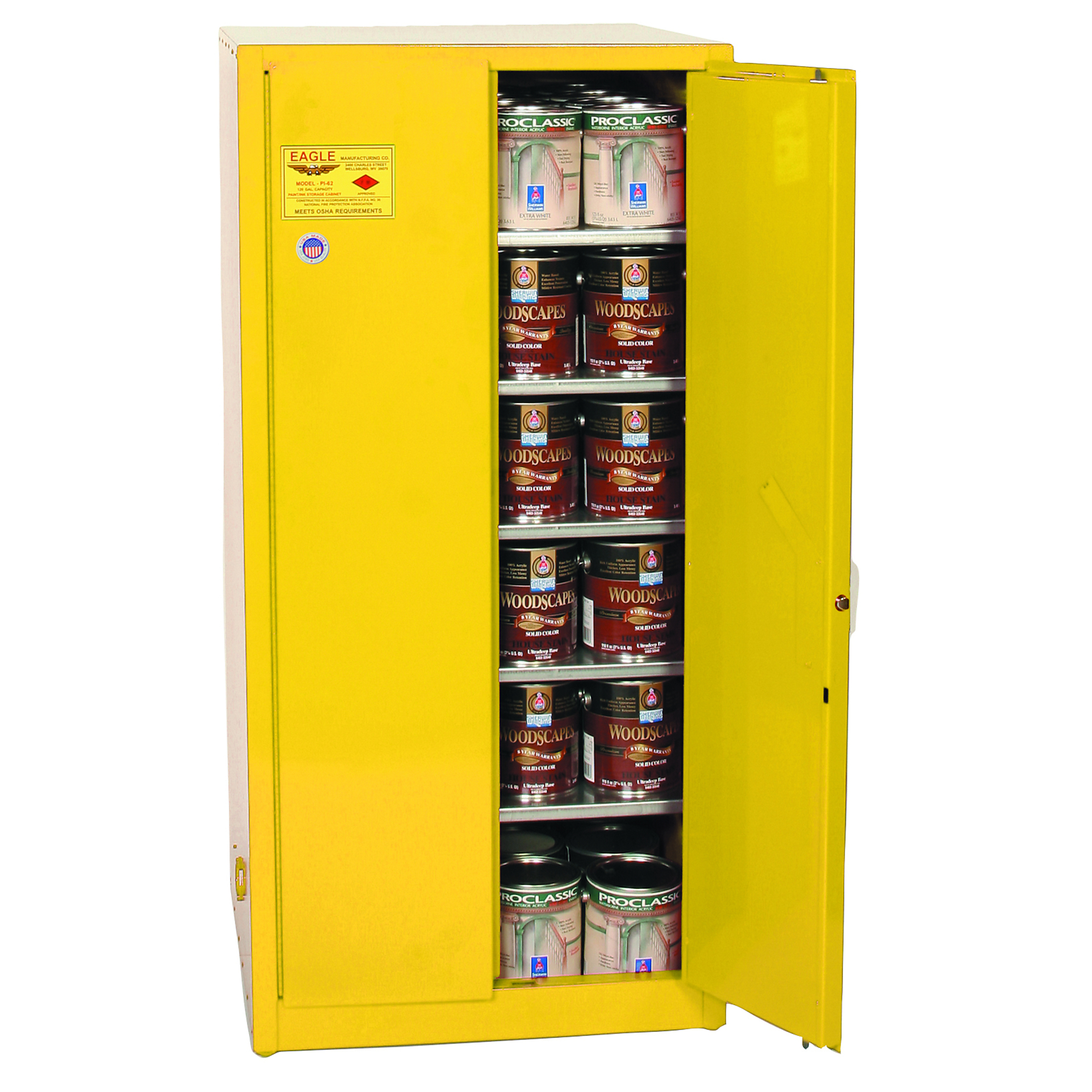Eagle Paint Safety Cabinet — 96 Gallon, 5 Shelves, 2 Doors, Manual Close, Yellow, Model# YPI62X
